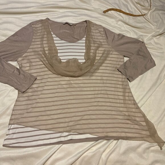 Soft Surroundings Women’s XL Petite Blouse Taupe Striped Sheer Overlay Boho Asym - Picture 1 of 10